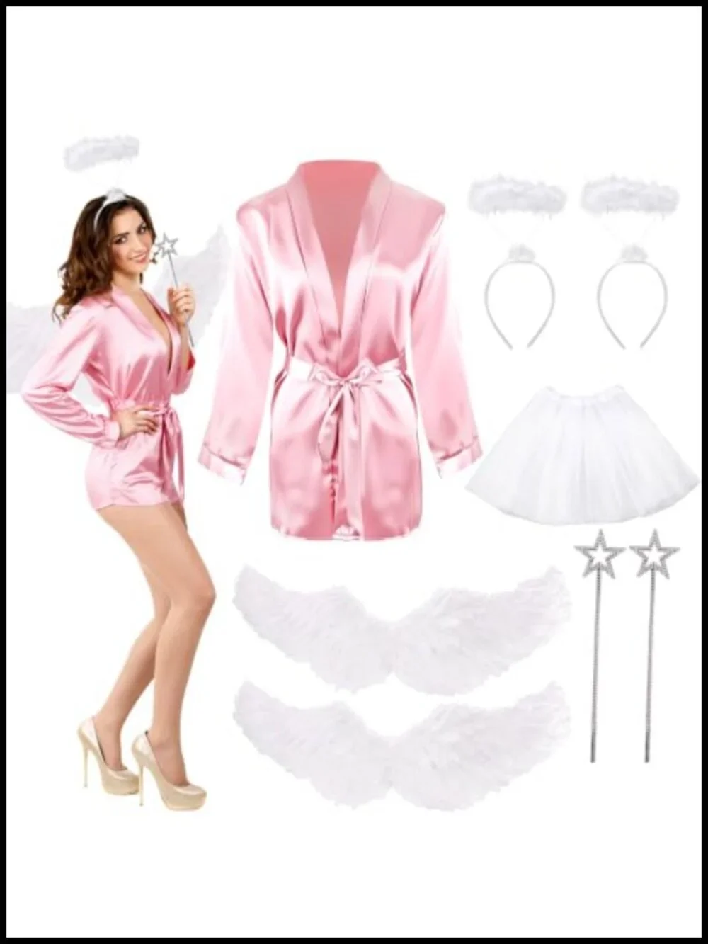 8pcs Angel Costume Set Satin Robe Feather Wings Halo Headband Wand Tutu Skirt